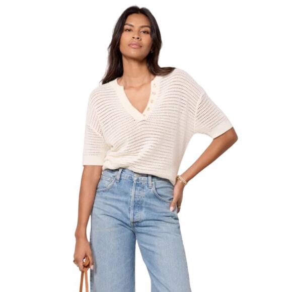 Varley Tops - VARLEY Women's Callie Mesh Knit Top Large Beige Egret Short Sleeve NWT